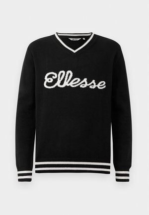 Jersey negro de cuello en V con el logotipo blanco de "Ellesse" en el pecho y franjas blancas en el cuello, los puños y el dobladillo.