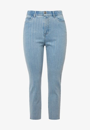 Hellblaue Jeans aus Denim mit vertikalen silbernen Streifen, mittelhoher Taille und schmaler Passform. Mit Vorderaschen und einem Reißverschluss mit Knopfverschluss.