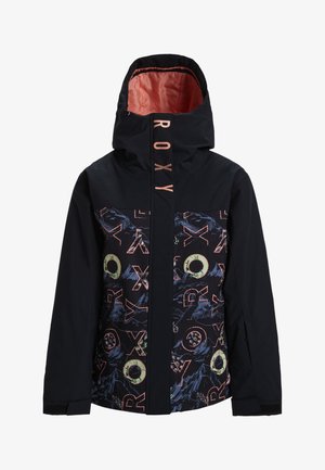 Svart vattentät jacka med dragkedja fram, med ett färgglatt mönster av berg och "ROXY"-logotyp på bröstet. Inkluderar huva och strukturerade detaljer.