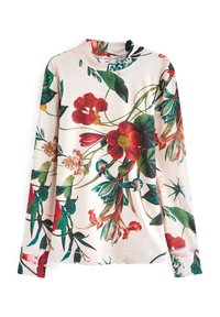 Long-sleeve top features a floral pattern with red, green, and taupe hues on a cream background. Soft texture and crew neck design.