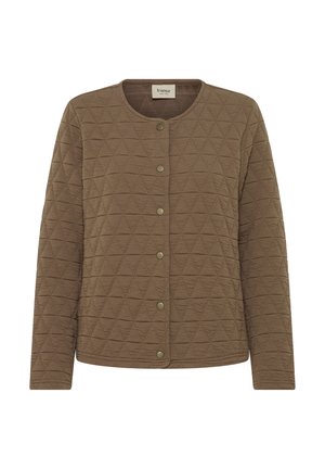 Brown quilted jacket with long sleeves, round neckline, and front snap button closure, featuring a triangular stitch pattern.