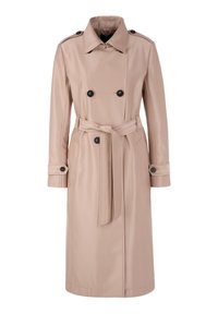 Beiger Trenchcoat mit doppelt geknöpfter Front, Bindegürtel vorne, Schulterklappen und Seitentaschen. Glattes, leichtes Gewebe.