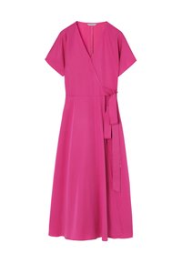 Pink wrap dress with short sleeves, V-neckline, and a tie belt. Made of smooth fabric, features a flowing A-line silhouette and minimal stitching.