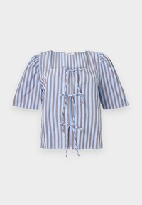 Blouse rayée bleue et brune avec des manches courtes bouffantes, un décolleté carré et un détail de nœud à l'avant. Fabriquée en tissu léger avec une texture lisse.