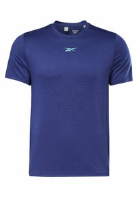 Modré tričko s krátkými rukávy z prodyšného materiálu, s texturovaným vzorem a světle modrým logem Reebok na hrudi.