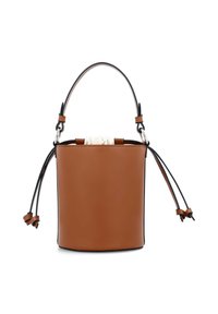 Brown leather bucket bag with adjustable handle and black drawstring closure on white background.