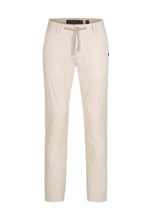 Beige Freizeithose mit Kordelzug in der Taille, Gürtelschlaufen, Vordertaschen und geradem Bein.