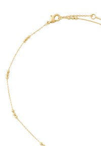 Hõrk kuldne kett-kaelakee, millel on väikesed ühtlaselt üksteisest eraldatud ümmargused helmestikujulised detailid ja kukkeliin lukustus valgel taustal.