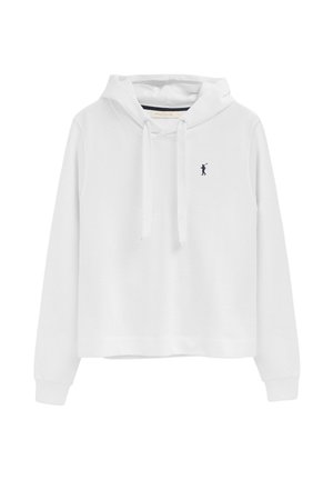 Felpa bianca corta con maniche lunghe, cappuccio regolabile con coulisse e piccolo logo scuro del giocatore di polo sul lato sinistro del petto.