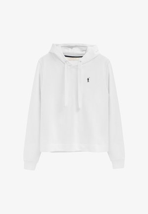 Biały krótki hoodie z długimi rękawami, kapturem z regulowanym sznurkiem oraz małym, ciemnym logo polo gracza na lewej piersi.