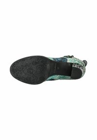 Bunte Knöchelstiefel mit Blumendessin, Obermaterial aus Leder, schwarze Gummisohle, strukturierte Details und runde Zehenform. Größe 37.
