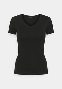 Sort kortærmet V-hals t-shirt lavet af glat stof. Slim fit uden synlige mønstre eller detaljer. Brandlabel synlig ved halsudskæringen.