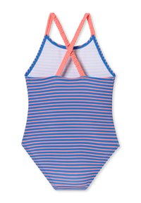 Maillot de bain rayé avec des rayures horizontales bleu et rose, bretelles croisées et une texture de tissu lisse. Pas d'autres détails ou motifs.