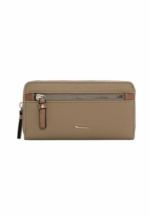Beige leather wallet with a zippered compartment, brown accent, and silver hardware. Features a logo and textured surface.