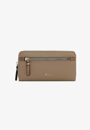 Beige leather wallet with a zippered compartment, brown accent, and silver hardware. Features a logo and textured surface.
