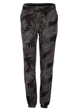 Schwarze Jogginghose mit einem palmblattmuster in Grau, aus weichem Material gefertigt, mit einem elastischen Bund und Kordelzug für eine verstellbare Passform.