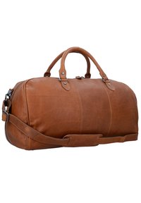 Braune Leder-Duffel-Tasche mit runder Form, doppelten Obergriffen, verstellbarem Schulterriemen und glatter Oberfläche mit minimalen Stichdetails.