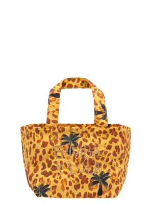 Żółta i pomarańczowa torba typu tote z motywem lamparta, palmami oraz haftowanym na przodzie napisem „Bimba y Lola”, z dwoma krótkimi uchwytami.