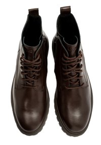 Brązowe skórzane botki do kostki z okrągłymi noskami, sznurowane z boku i z zamkami błyskawicznymi. Gładka tekstura z solidną gumową podeszwą i minimalistycznymi akcentami.