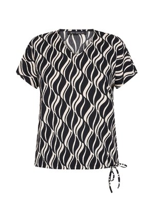 Blouse noire et blanche à manches courtes avec motif vertical ondulé et détail de noued sur le côté en bas.