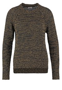 Stickad tröja i mörkbruna och svarta nyanser, med långa ärmar, rund halsringning och ett texturerat tyg med ribbat fåll.