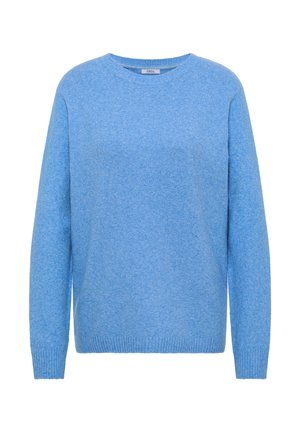 Suéter azul claro hecho de tela suave y texturizada. Cuello redondo y mangas largas con puños y dobladillo acanalados.