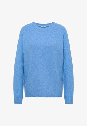 Light blue sweater made of soft, textured fabric. Crew neckline and long sleeves with ribbed cuffs and hem.
