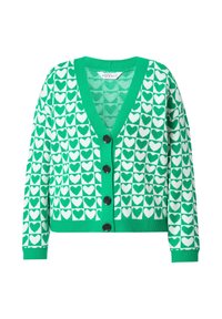 Cardigan verde con scollo a V e chiusura a bottoni. Presenta un motivo a cuori bianche su sfondo verde. Polsini e orlo a coste.