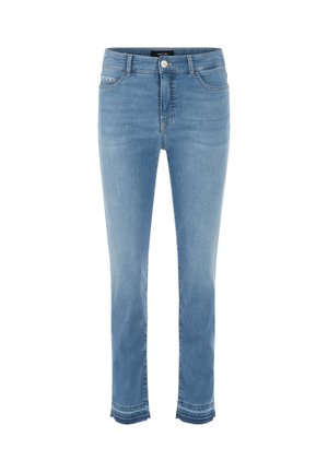 Light blue straight-leg denim jeans with button and zipper front, five pockets, and raw hem detailing at the ankles.