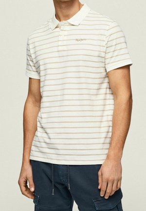 Beige striped polo shirt with a soft texture, short sleeves, and a collared neckline. Features a small embroidered logo on the chest.