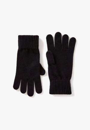 Gants en tricot noir avec des poignets côtelés, dotés de cinq compartiments pour les doigts, fabriqués en matériau doux, offrant un ajustement confortable.