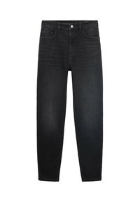 Black denim jeans with a straight-leg design, five pockets, a zip fly, and a metal button. Smooth texture with a medium weight.