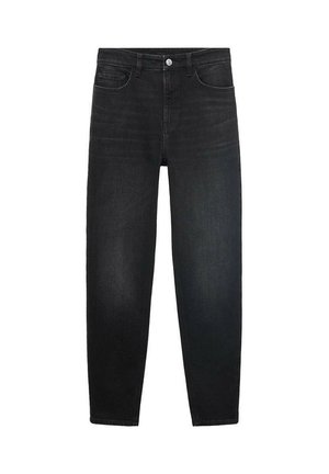 Black denim jeans with a straight-leg design, five pockets, a zip fly, and a metal button. Smooth texture with a medium weight.