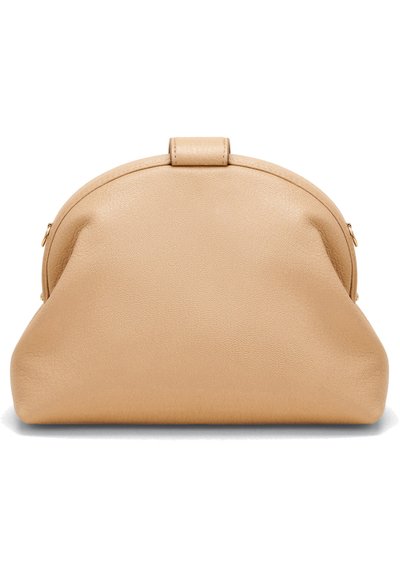 Beige leather bag with a rounded top, smooth texture, clasp closure, and subtle seams. It features a wide base and a structured silhouette.