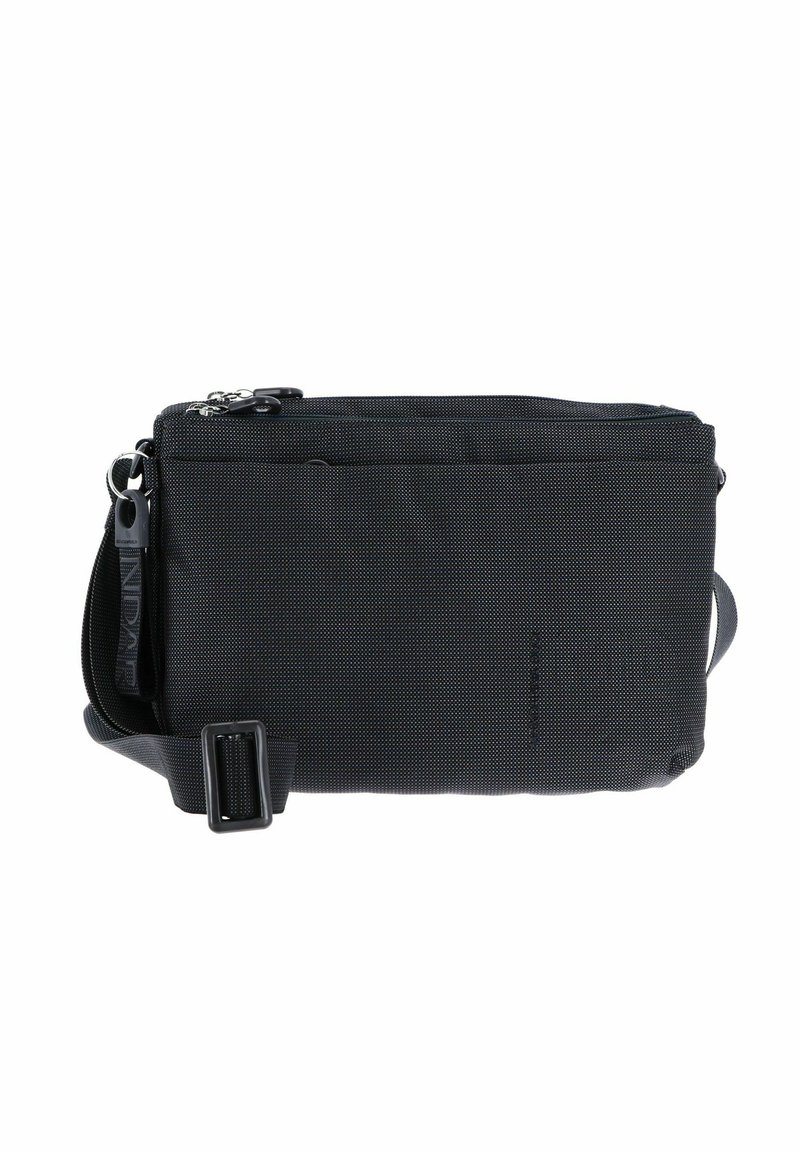 Schwarze Stoff-Crossbody-Tasche mit strukturiertem Design, zwei mit Reißverschluss versehenen Fächern, verstellbarem Tragegurt und markierter Hardware.