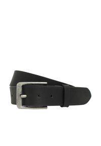 Black leather belt with a silver metal buckle, featuring a smooth texture, rectangular shape, and multiple adjustment holes.