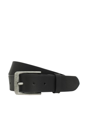 Cintura in pelle nera con una fibbia in metallo argentato, caratterizzata da una superficie liscia, forma rettangolare e numerosi fori di regolazione.