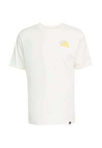White cotton t-shirt with short sleeves, featuring a yellow graphic print on the left chest and a small logo tag at the bottom hem.