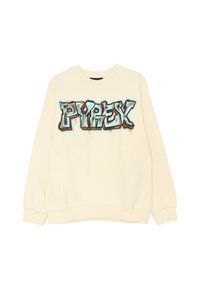 Felpa color crema con la scritta "PYREX" in un design stile graffiti, con accenti blu, arancioni e neri. Collo classico a giro e maniche lunghe.