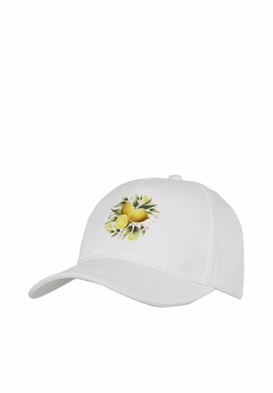 White baseball cap featuring a printed design of whole and halved lemons with green leaves on the front panel.