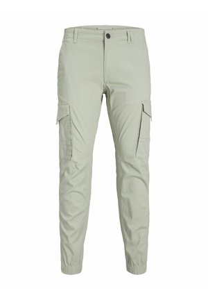 Light green cargo pants made of cotton-blend material. Features elastic cuffs, two side cargo pockets, and a standard zip and button closure.