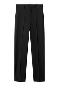 Pantalon noir sur mesure avec passants de ceinture, plis à l'avant et poches latérales, présenté sur un fond blanc.