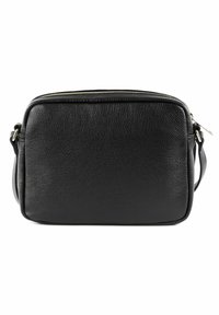 Borsa a tracolla nera in pelle con finitura texture. Forma rettangolare, chiusura con zip, tracolla regolabile e dettagli in metallo dorato.
