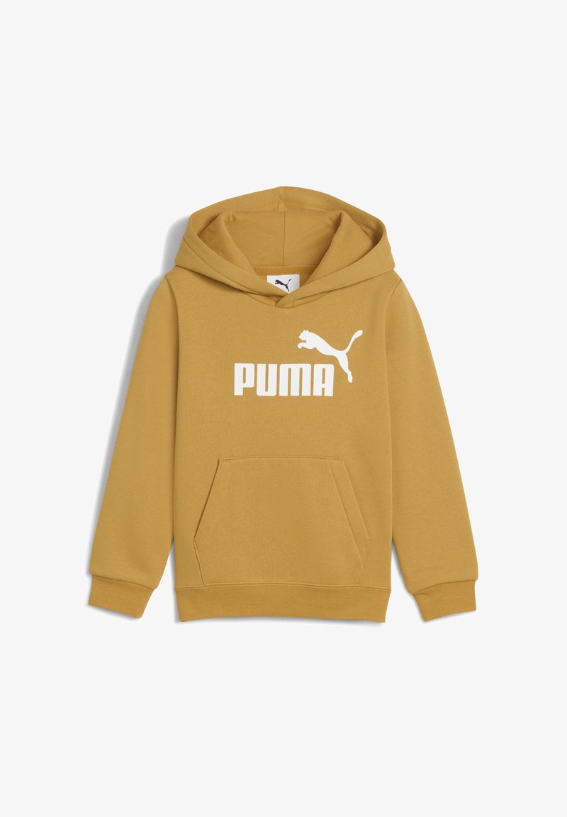 Felpa con cappuccio gialla senape realizzata in tessuto morbido, con tasca a marsupio, polsini a coste e un grande logo bianco "PUMA" sulla parte frontale.