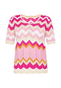 Suéter de manga corta multicolor con un patrón en zigzag en tonos rosa, crema y dorado. Hecho de una mezcla de lana ligera con un cuello redondo.