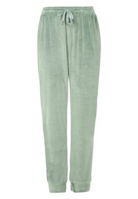 Samt-Jogginghose in Hellgrün, ausgestattet mit einem elastischen Bund und einem Kordelzug, tapered Beinabschlüssen und einer weichen, glatten Textur.