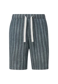 Herren-Shorts aus einem dunkelblauen Stoff mit hellblauen vertikalen Streifen, ausgestattet mit einem elastischen Bund und einem weißen Kordelzug.