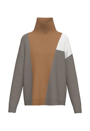 Maglione a collo alto con design a blocchi di colore in beige, marrone e grigio, con texture a costine e maniche lunghe.