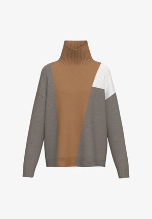 Maglione a collo alto con design a blocchi di colore in beige, marrone e grigio, con texture a costine e maniche lunghe.