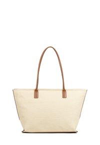 Borsa tote in tela beige con dettagli e manici in pelle marrone, caratterizzata da una forma strutturata e cuciture alla base dei manici.